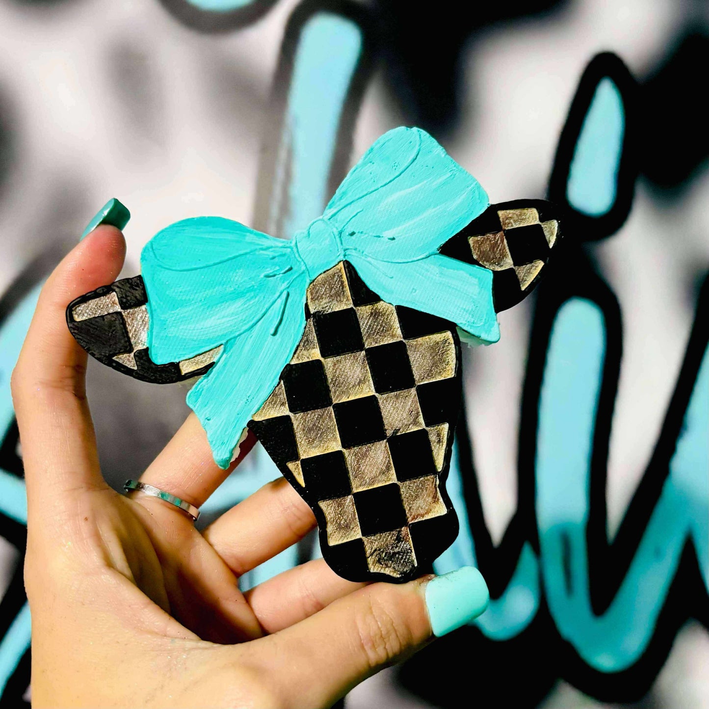 Checkered Cow Head with Bow
